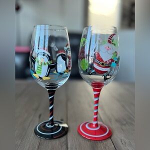 Vintage Pier 1 Christmas Hand Painted Wine Glasses